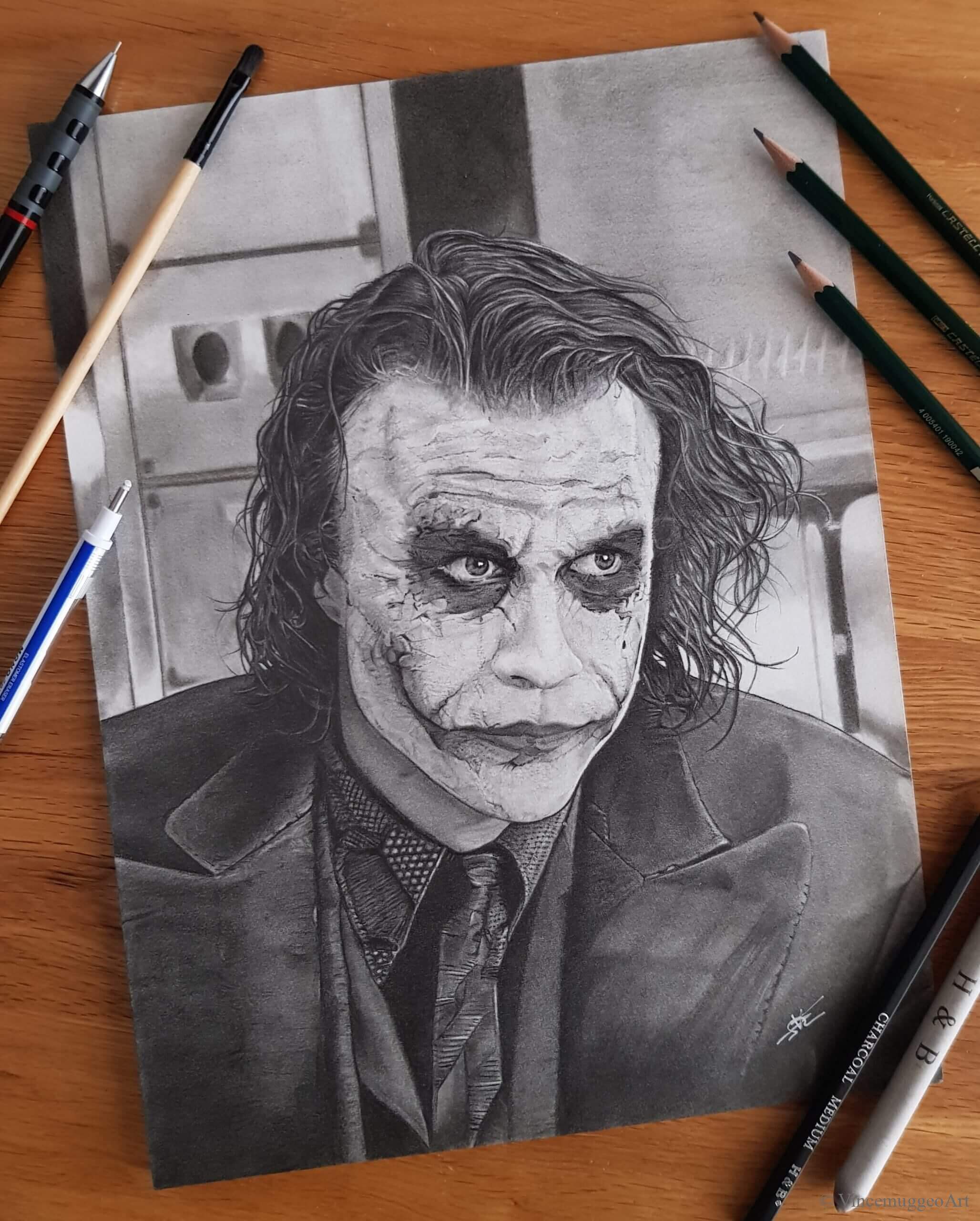 Joker Portrait Batman Nolan Heath Ledger Dessin Crayon Fusain Hyperréalisme Réalisme