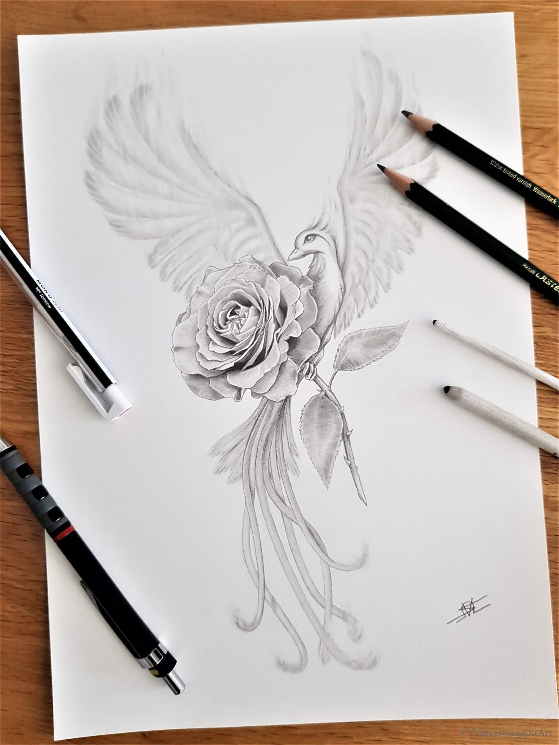 Phoenix Rose Tatouage Dessin Crayon Hyperréalisme Réalisme